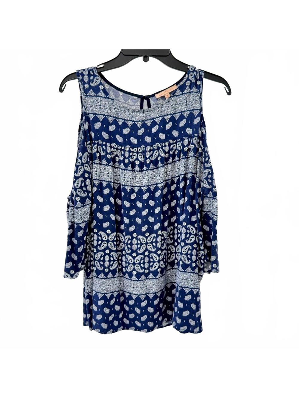 Gibson Latimer Navy Bohemian Paisley Cold Shoulder Top Medium